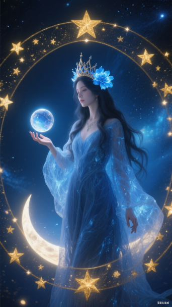 女巫站在一个装饰着闪烁星星的金色天体圆圈中
